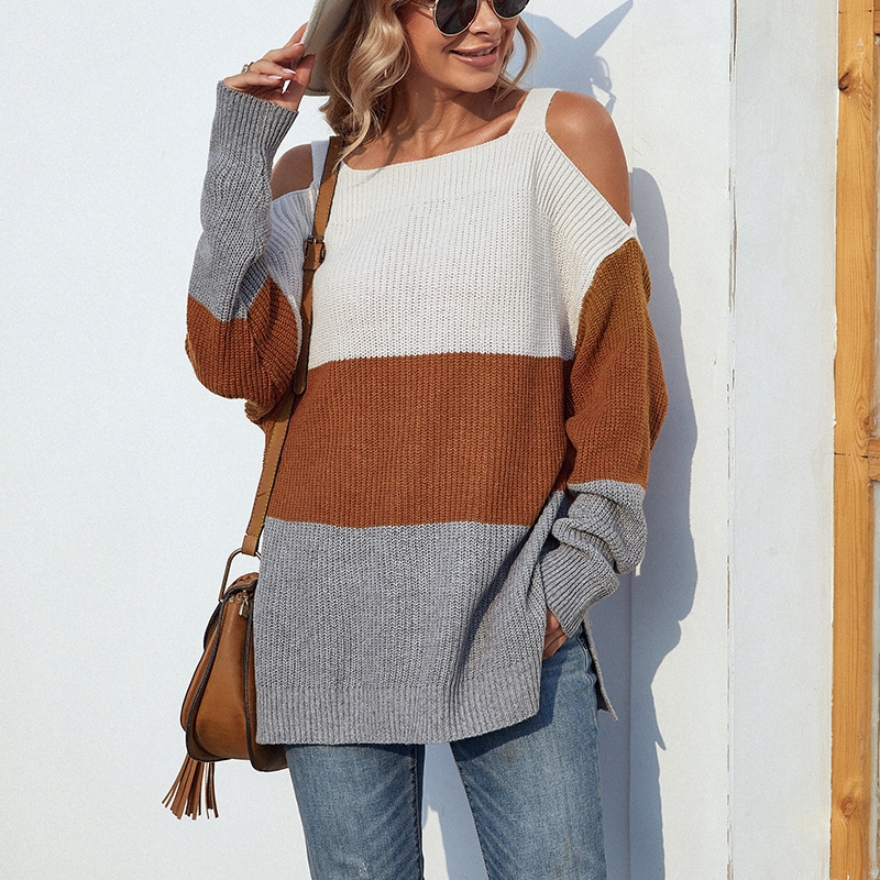 Contrast Color Off-The-Shoulder Slit Sling Sweater