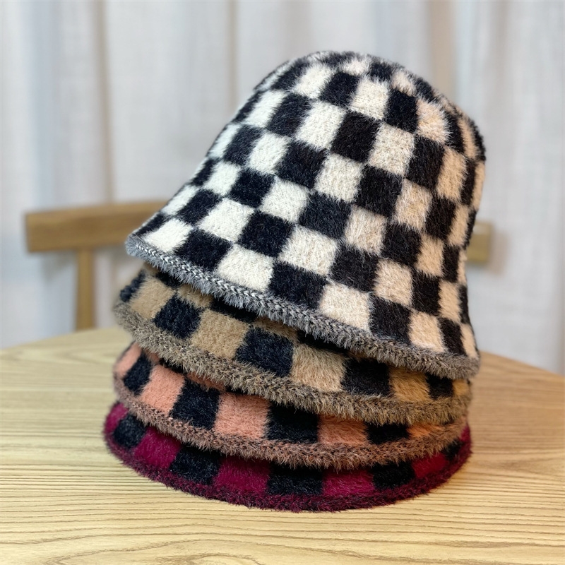 Checkerboard Fuzzy Warm Bucket Hat