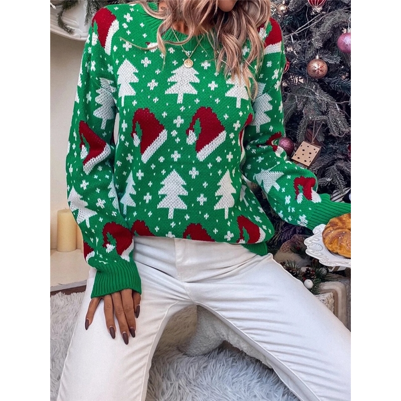 Christmas Hat Printing Long Sleeves Round-Neck Sweater Tops