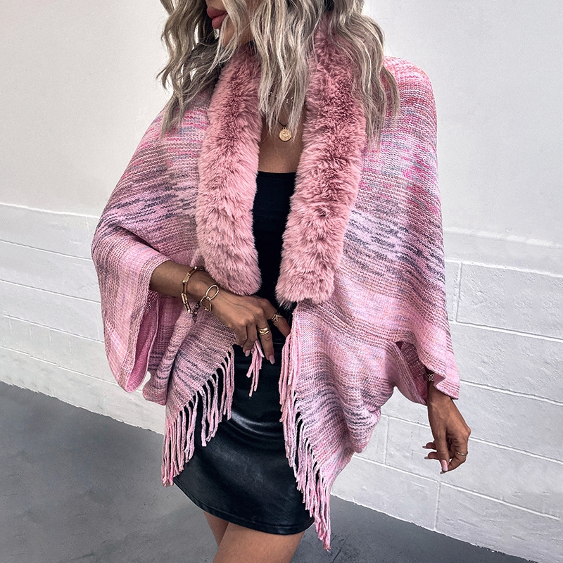 Furry Collar Fringed Knitted Cape Scarf