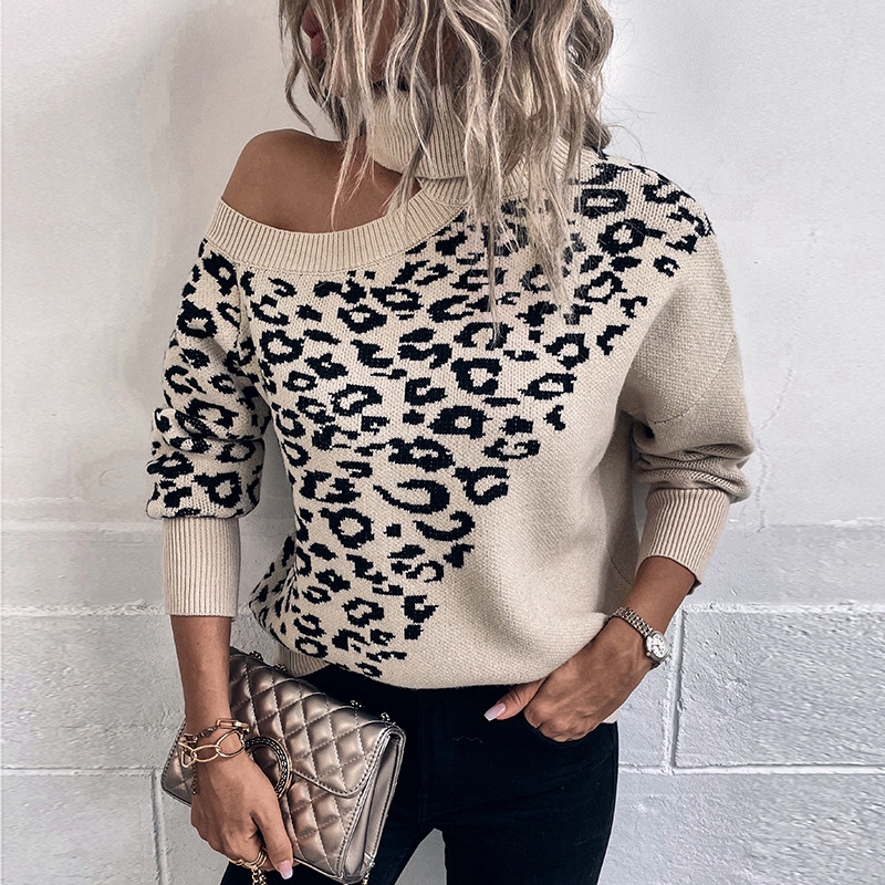 Turtleneck Leopard-Print Off-The-Shoulder Sweater